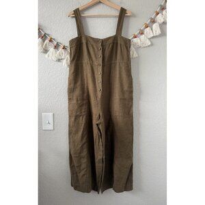 Wrap London 100% Linen Button Up Wide Leg Sleeveless Jumpsuit Green Coastal 6